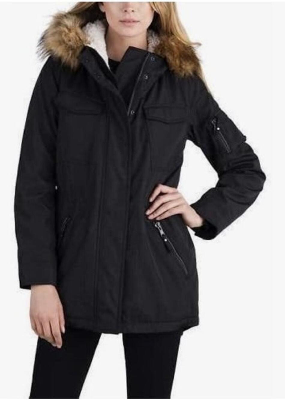 S13 Women's Army Sherpa Lined Parka Faux Fur Hood Black Small